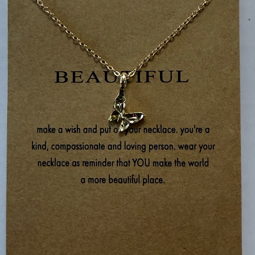 Ⓜ️Butterfly Pendant In Gold New on Card with inspirational message “Beautiful “